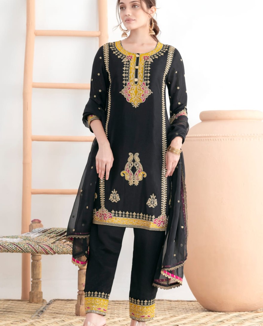 BLACK - Black Embroidered Chinnon Pant Kameez for Festival